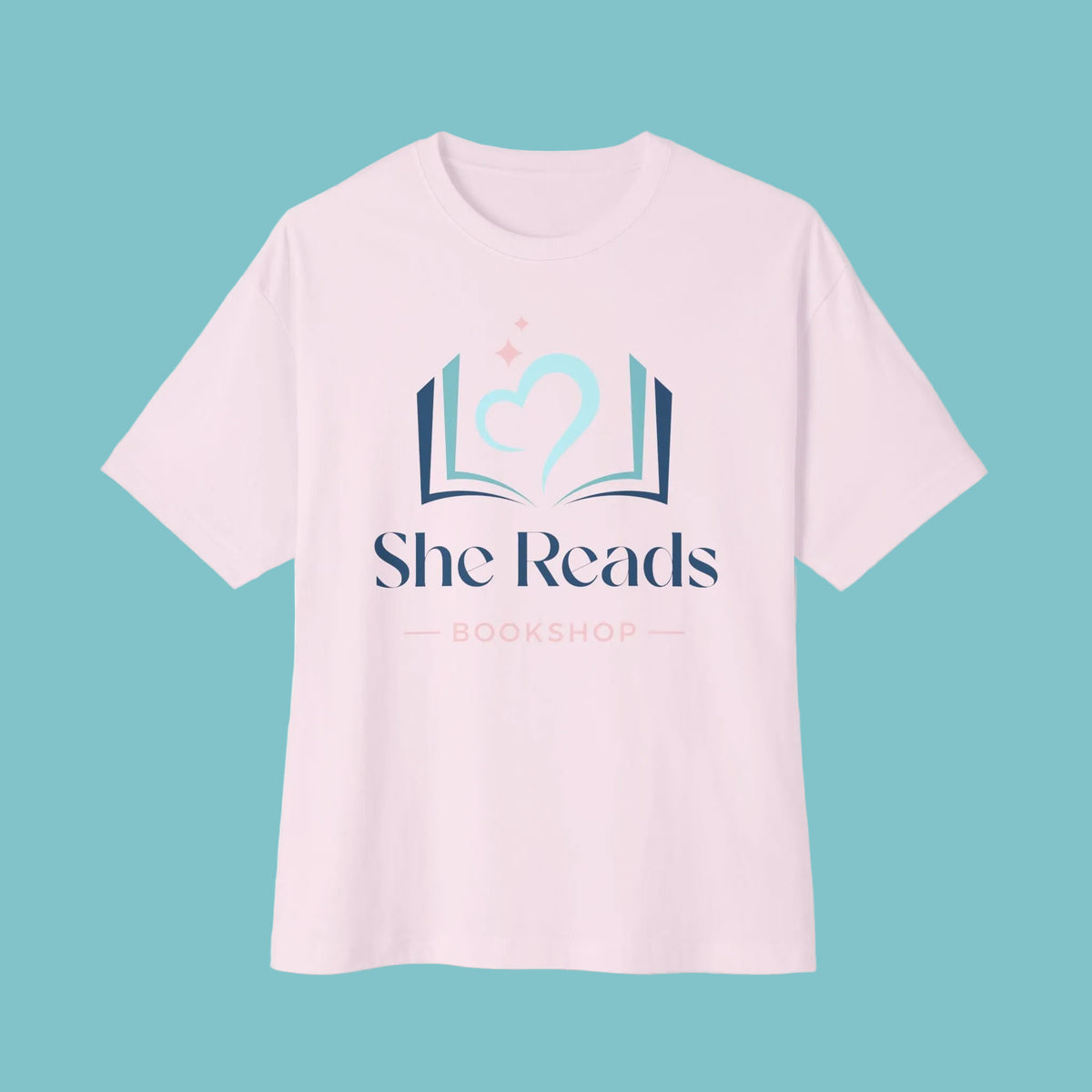 She Reads Bookshop Tee — Cozy Reading Logo Oversized T-Shirt