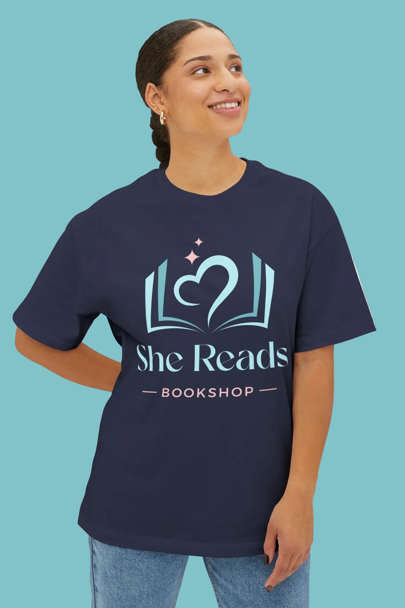 She Reads Bookshop Tee — Cozy Reading Logo Oversized T-Shirt