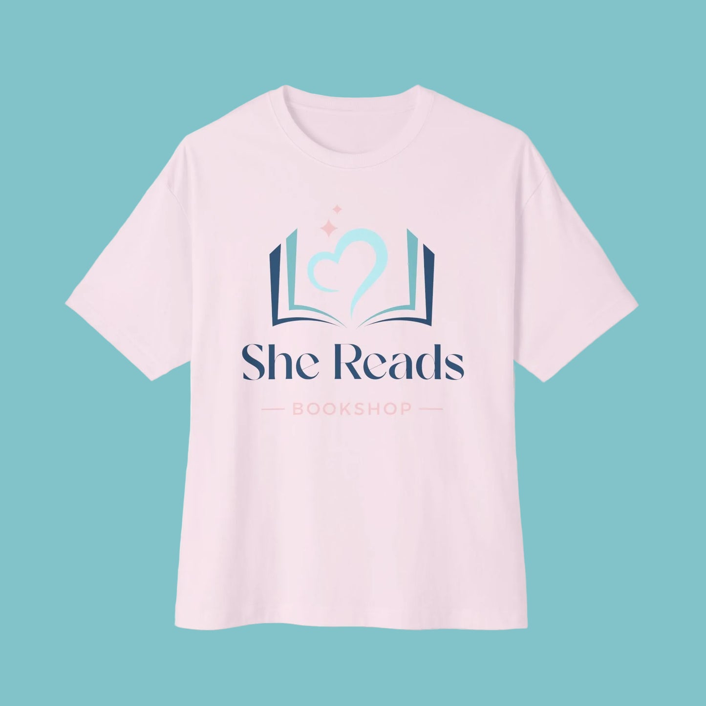 She Reads Bookshop Tee — Cozy Reading Logo Oversized T-Shirt