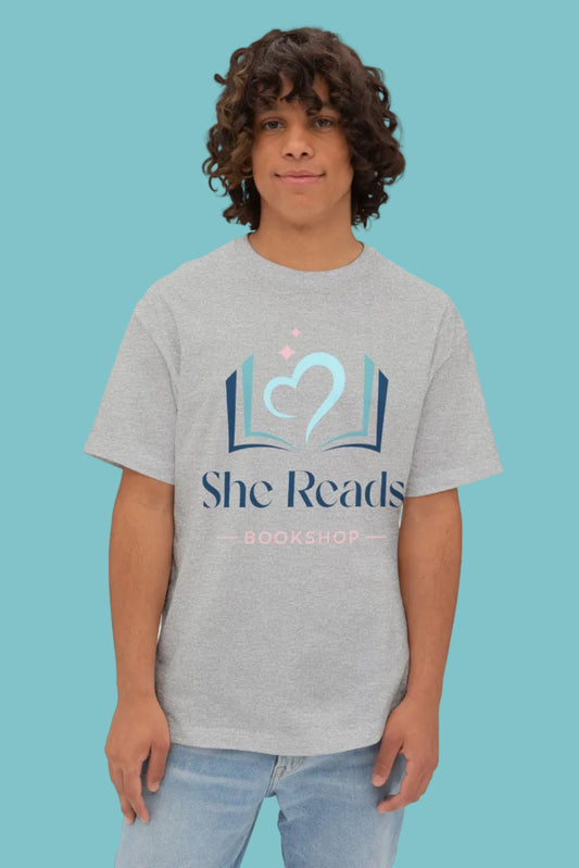 She Reads Bookshop Tee — Cozy Reading Logo Oversized T-Shirt
