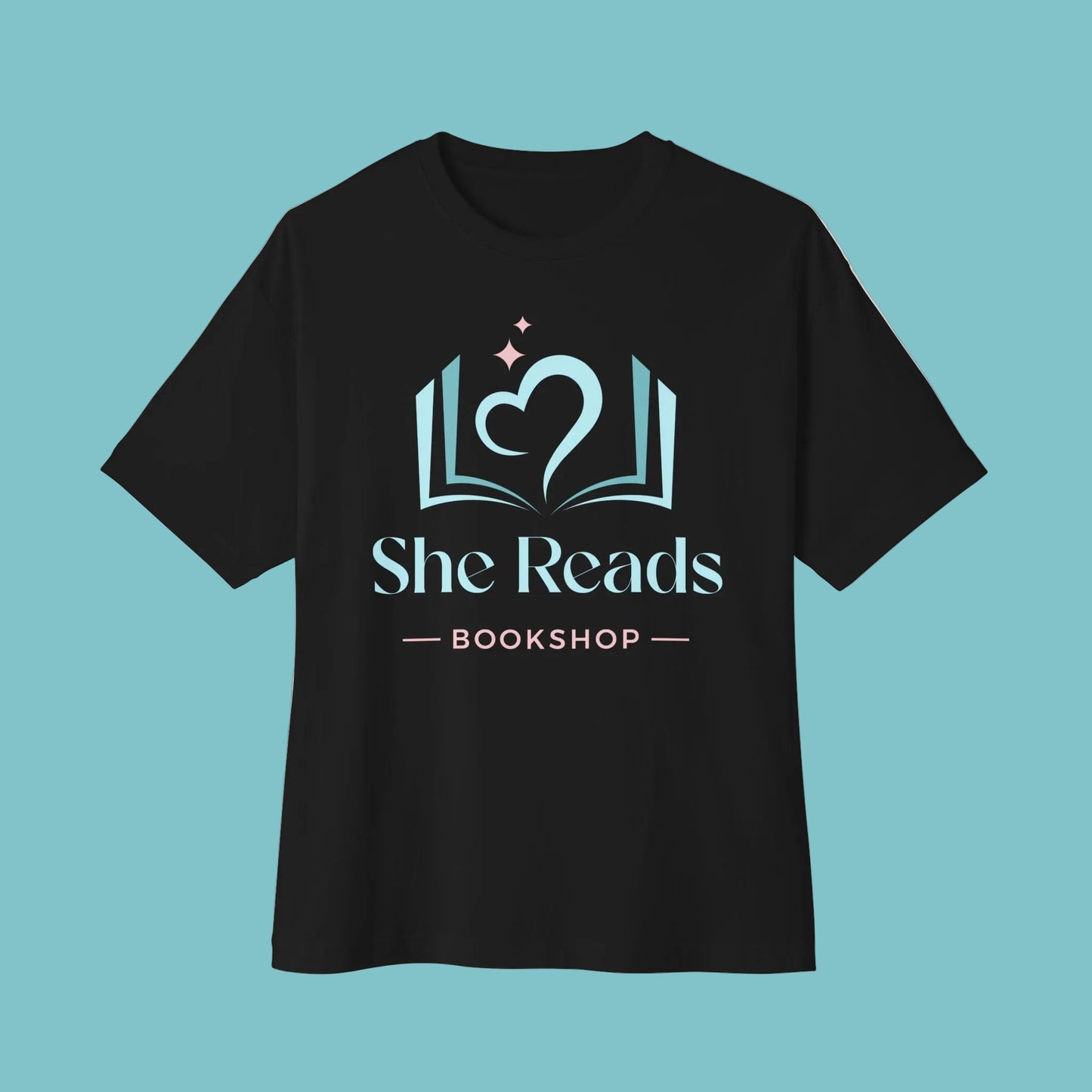 She Reads Bookshop Tee — Cozy Reading Logo Oversized T-Shirt