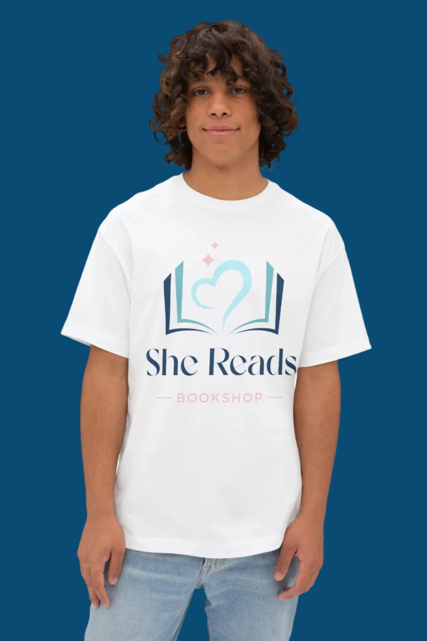 She Reads Bookshop Tee — Cozy Reading Logo Oversized T-Shirt