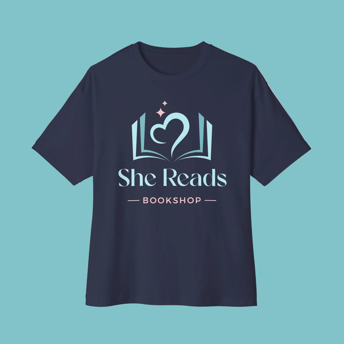 She Reads Bookshop Tee — Cozy Reading Logo Oversized T-Shirt